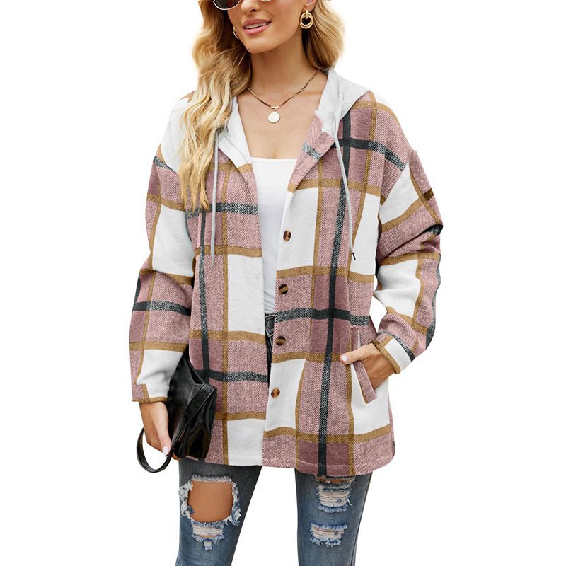 Fall Winter Simple Long Sleeve Hoodie Shirt Casual Stylish Check Shirt For Women Drop Shoulder Check Oversize Plaid Shirt Women