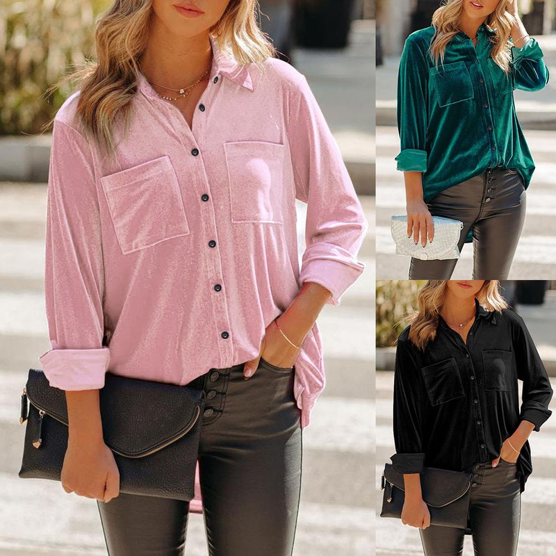 Women Velvet Clothes Women Blouse Solid Color Lapel Loose Button Long Sleeve T-shirts