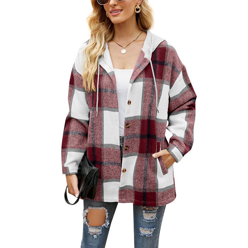 Fall Winter Simple Long Sleeve Hoodie Shirt Casual Stylish Check Shirt For Women Drop Shoulder Check Oversize Plaid Shirt Women