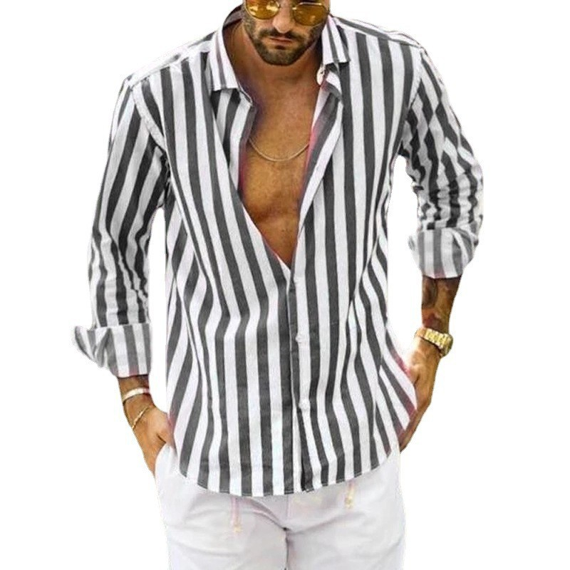 Button Down Shirt Men's Casual Long Sleeve Striped Shirt