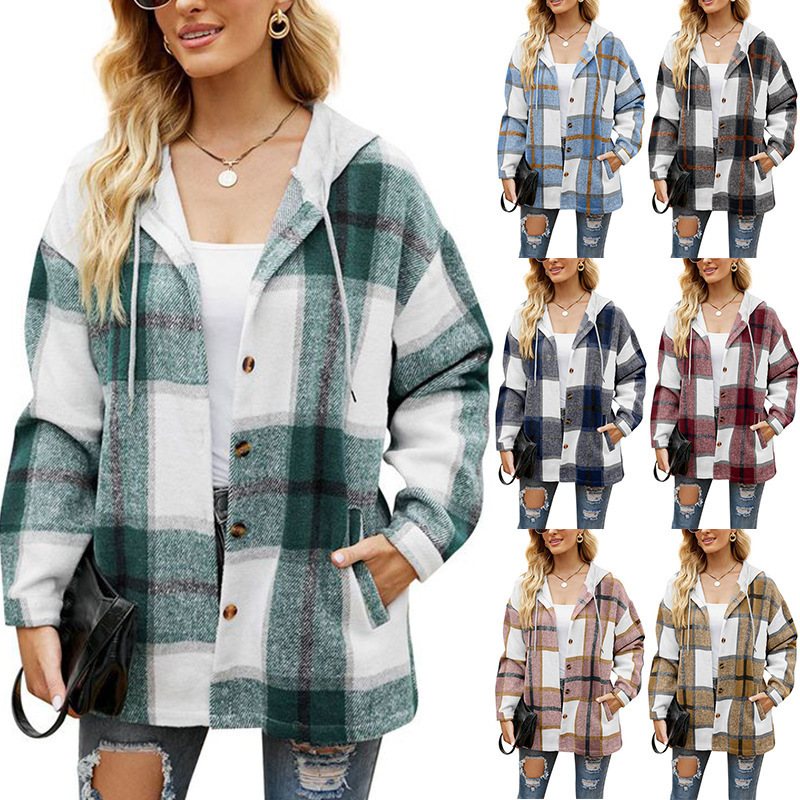 Fall Winter Simple Long Sleeve Hoodie Shirt Casual Stylish Check Shirt For Women Drop Shoulder Check Oversize Plaid Shirt Women