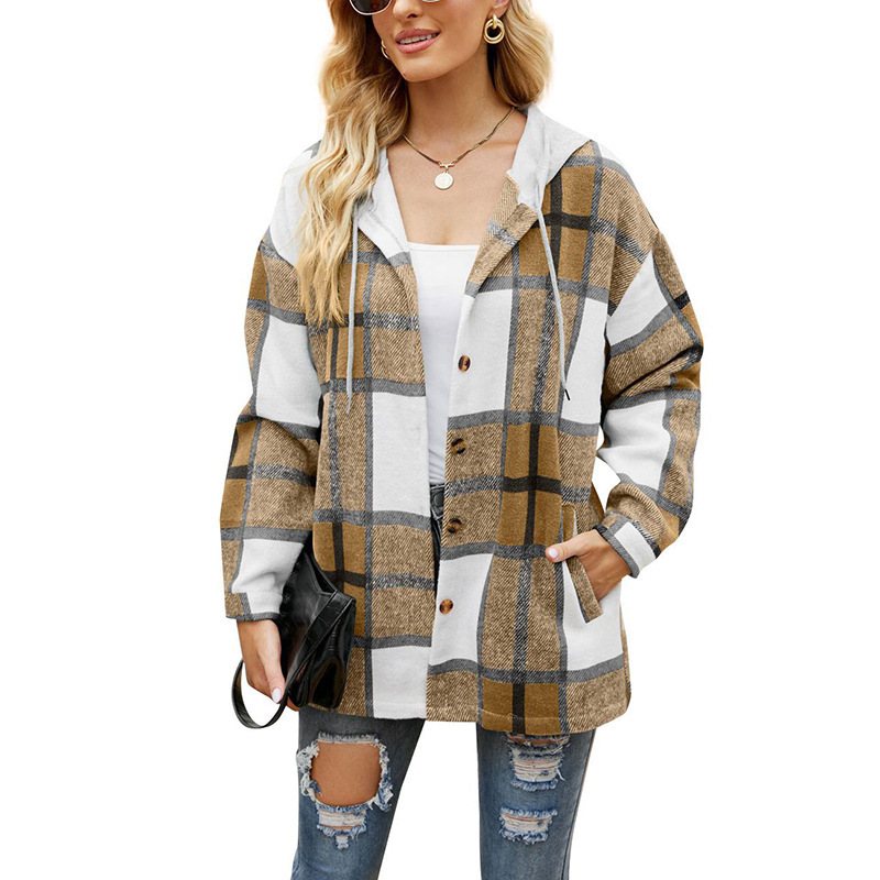 Fall Winter Simple Long Sleeve Hoodie Shirt Casual Stylish Check Shirt For Women Drop Shoulder Check Oversize Plaid Shirt Women